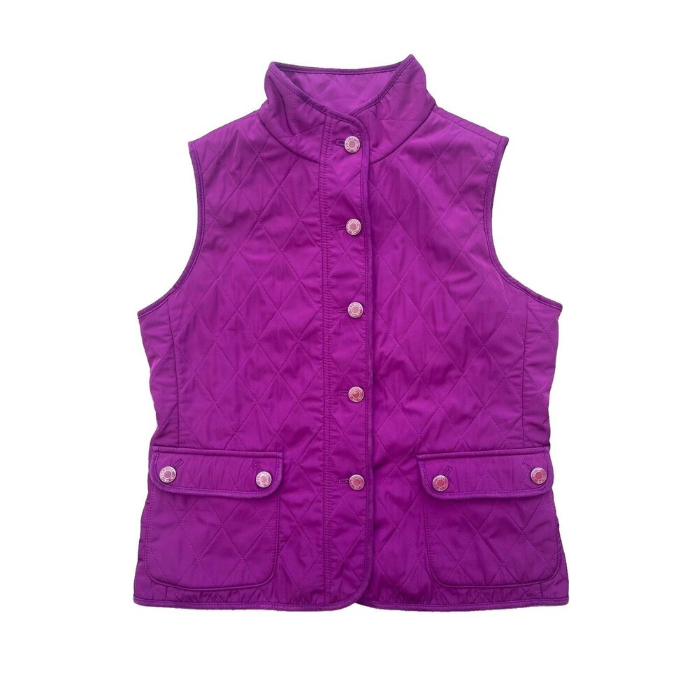 Talbots Purple Quilted Vest Size Medium Petite Front Pockets Fleece Lined Mock